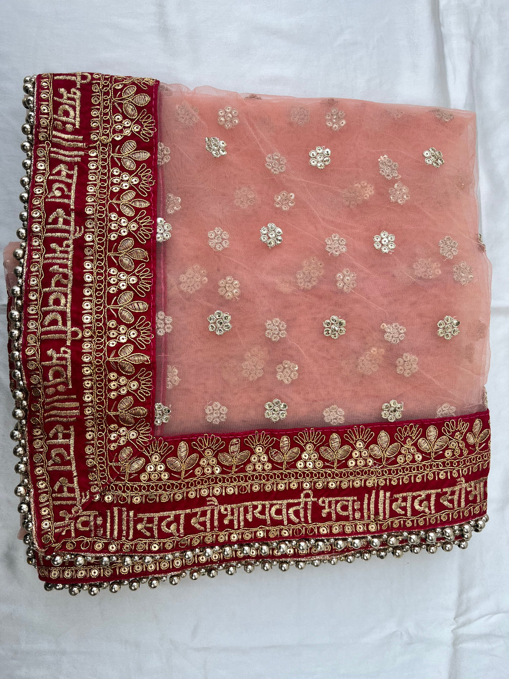 BRIDAL PEACH SAUBHAGYAVATI GOLD FLOWER NET DUPATTA