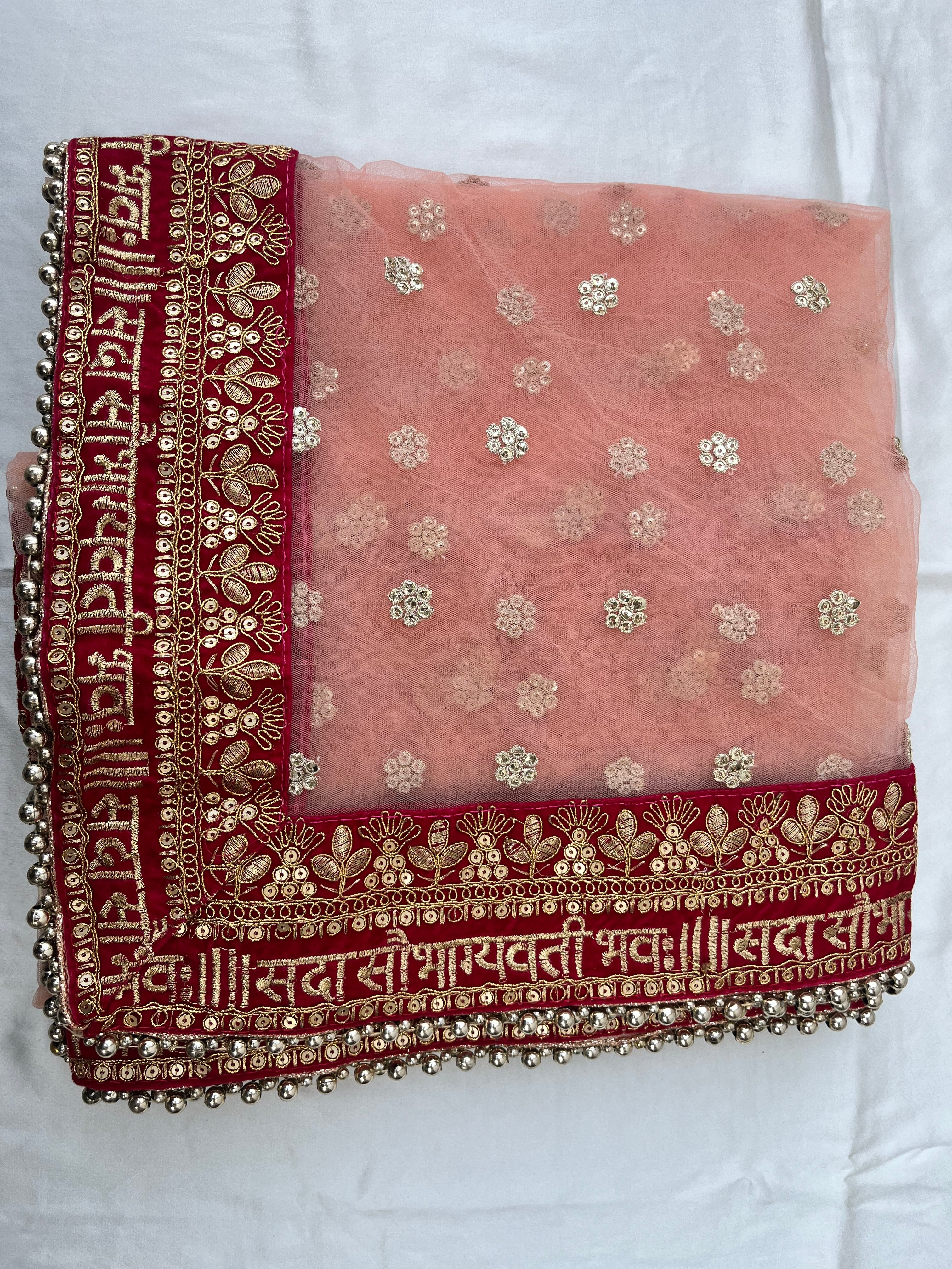 BRIDAL PEACH SAUBHAGYAVATI GOLD FLOWER NET DUPATTA
