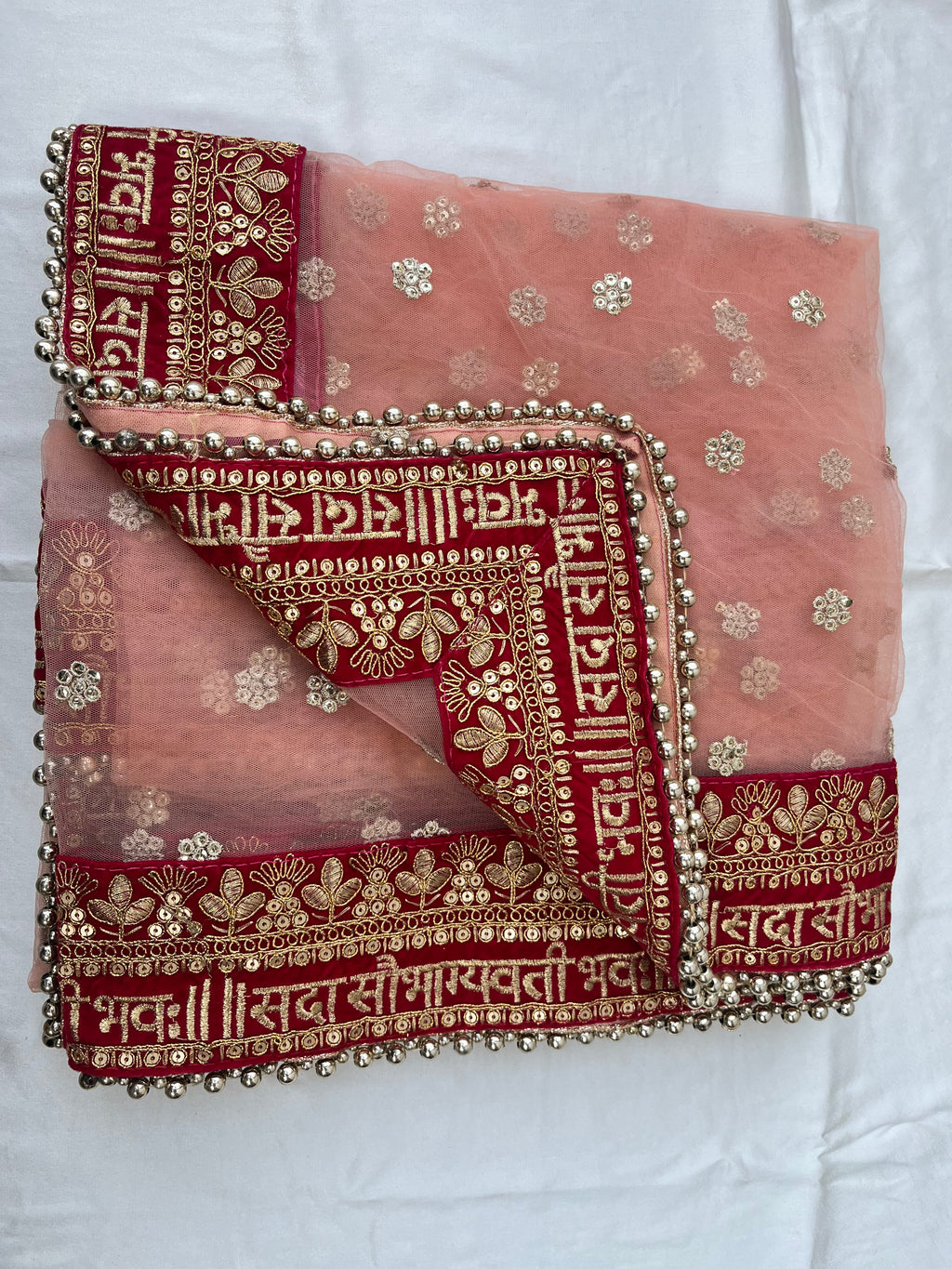 BRIDAL PEACH SAUBHAGYAVATI GOLD FLOWER NET DUPATTA