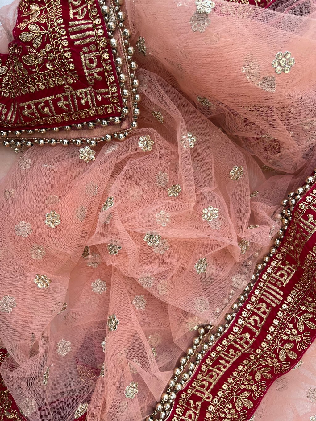 BRIDAL PEACH SAUBHAGYAVATI GOLD FLOWER NET DUPATTA