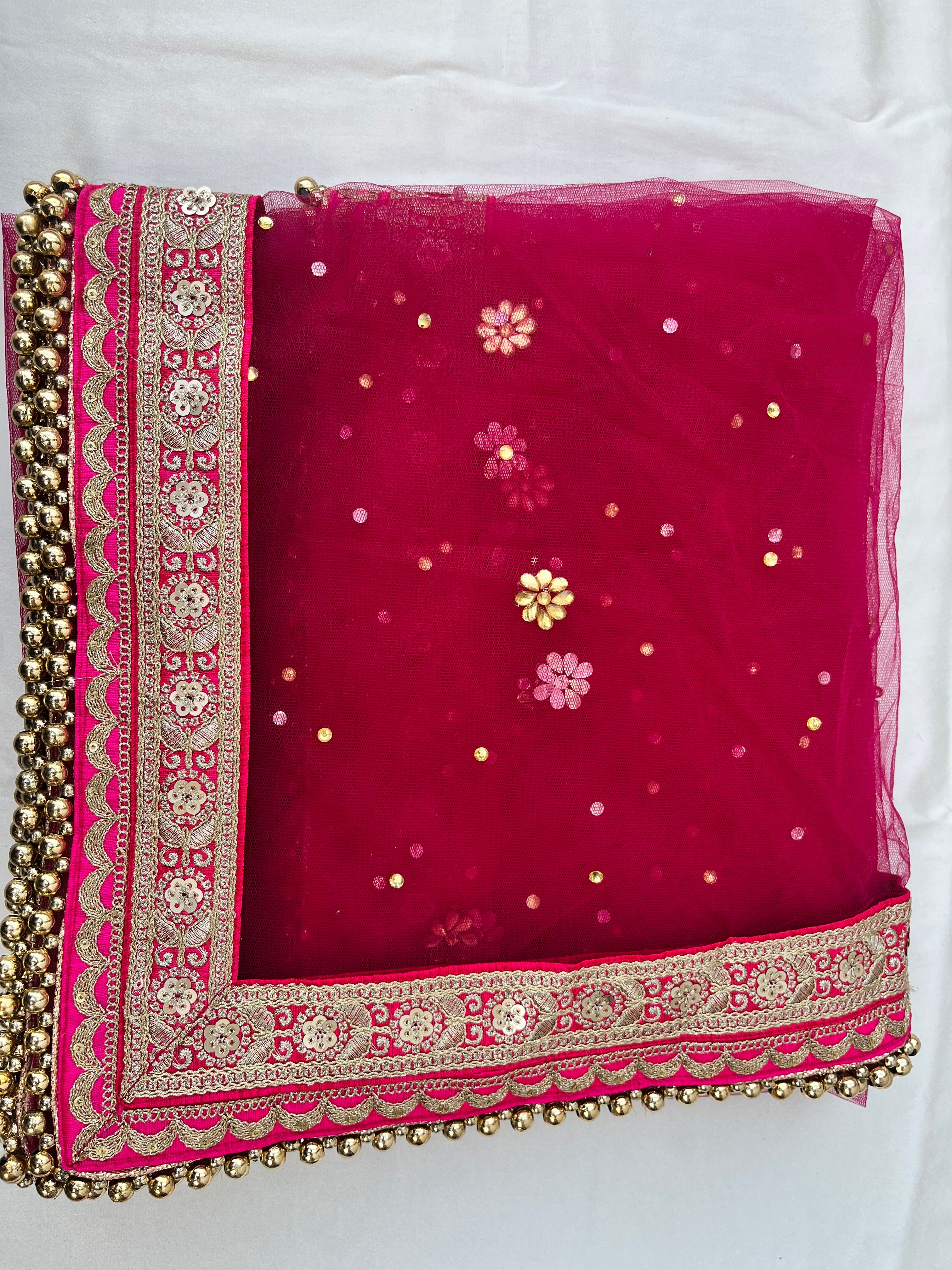 BRIDAL GORGEOUS PINK NET STONE WORK ZARI DUPATTA