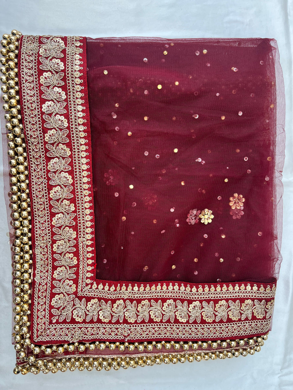 BRIDAL ZARKASHI MAROON NET STONE DUPATTA