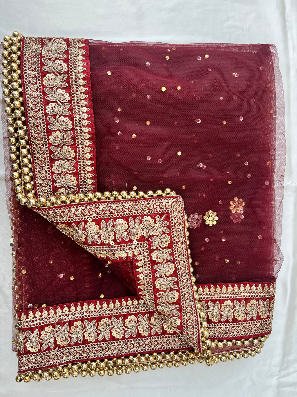 BRIDAL ZARKASHI MAROON NET STONE DUPATTA