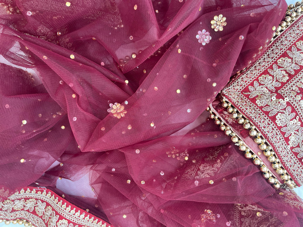 BRIDAL ZARKASHI MAROON NET STONE DUPATTA