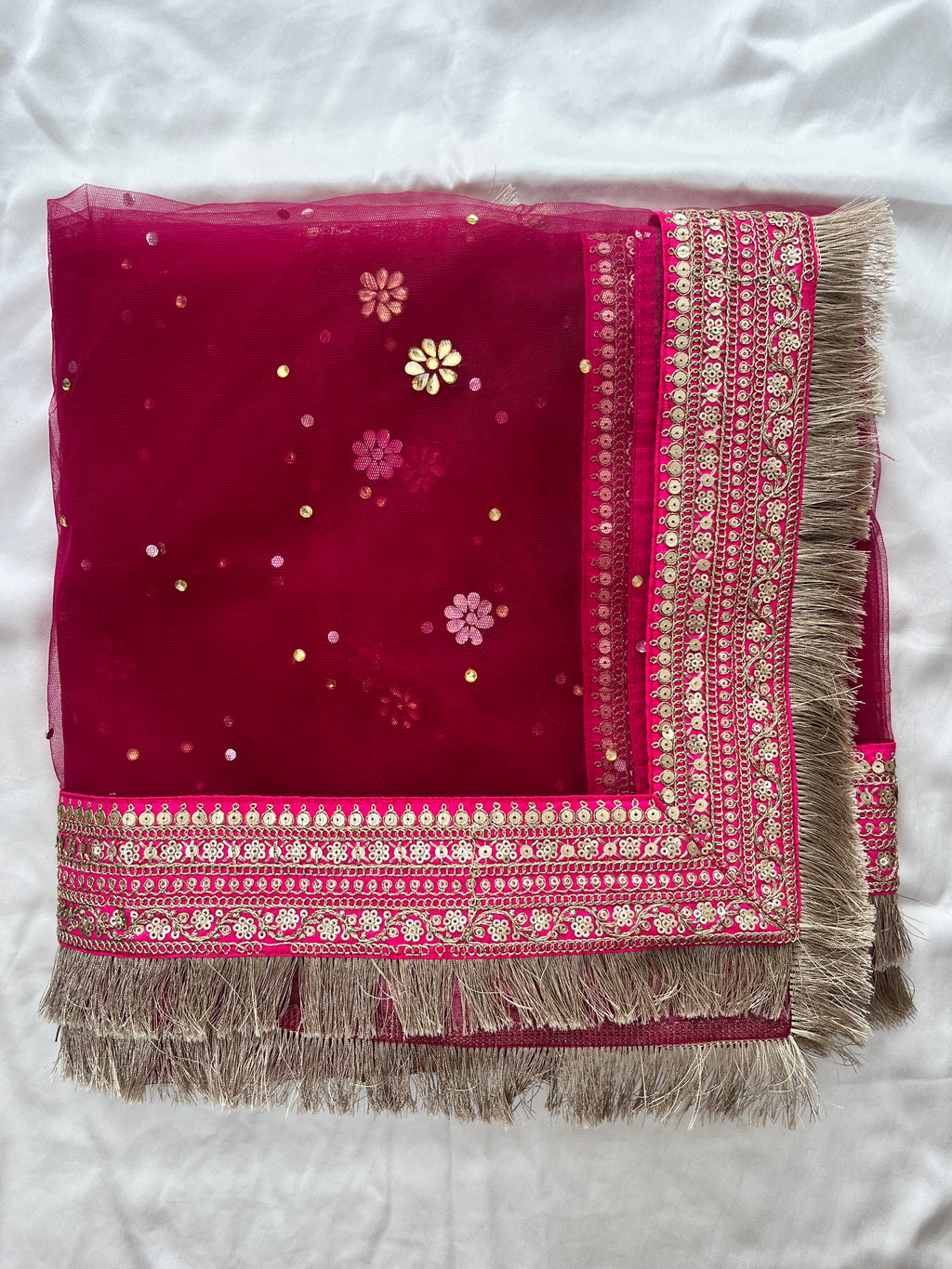 BRIDAL PINK NAZISH STONE EMBROIDERED DUPATTA WITH FRINGES
