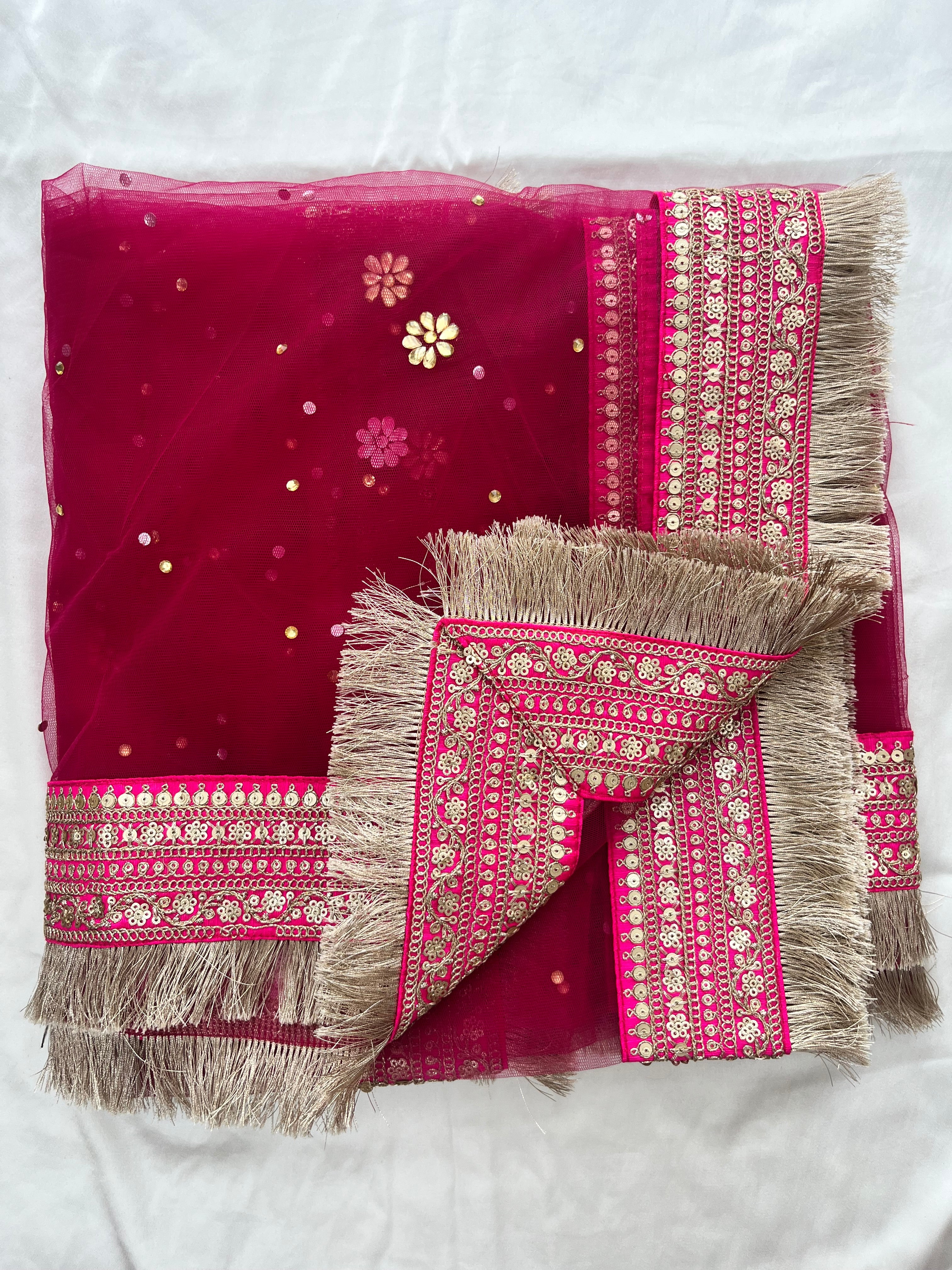 BRIDAL PINK NAZISH STONE EMBROIDERED DUPATTA WITH FRINGES