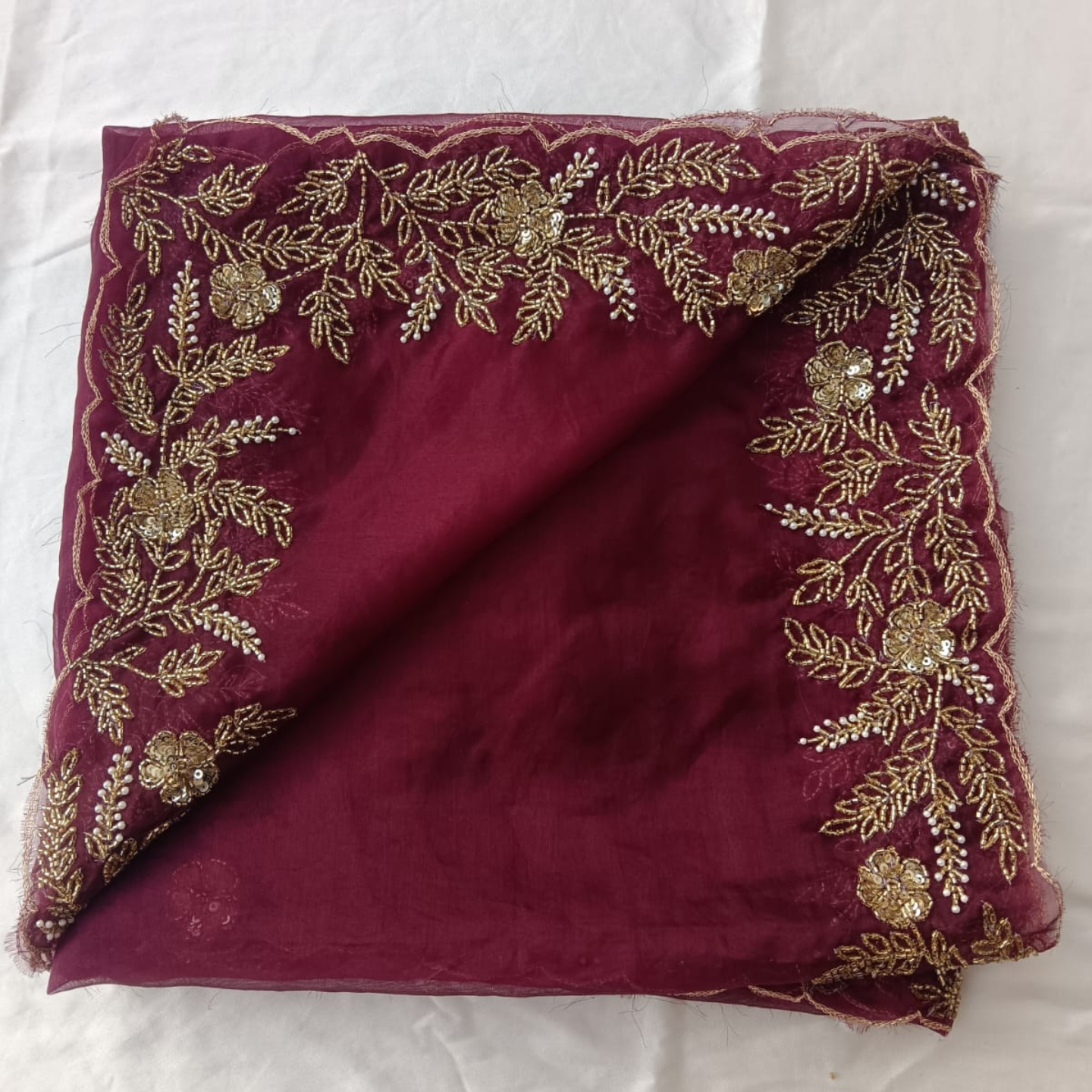 BRIDAL ELEGANT WINE HAND EMBROIDERED DUPATTA