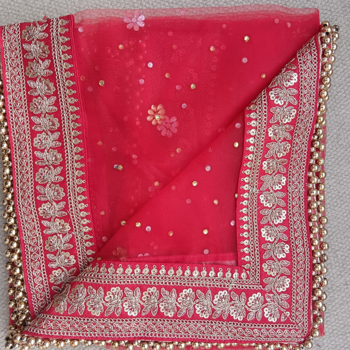 Bridal Red Net Dupatta with Heavy Golden Embroidered Floral Border and Pearl