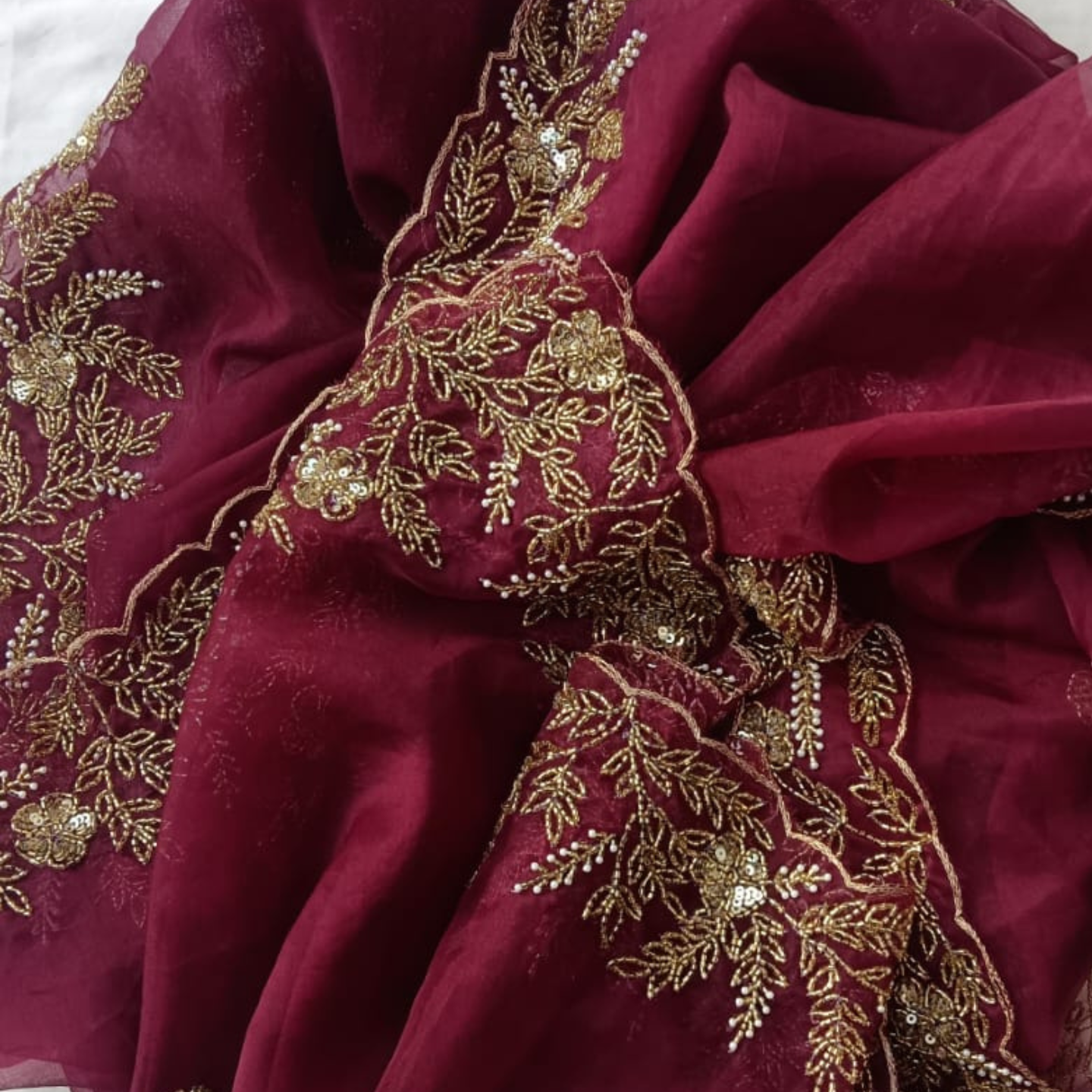 BRIDAL ELEGANT WINE HAND EMBROIDERED DUPATTA