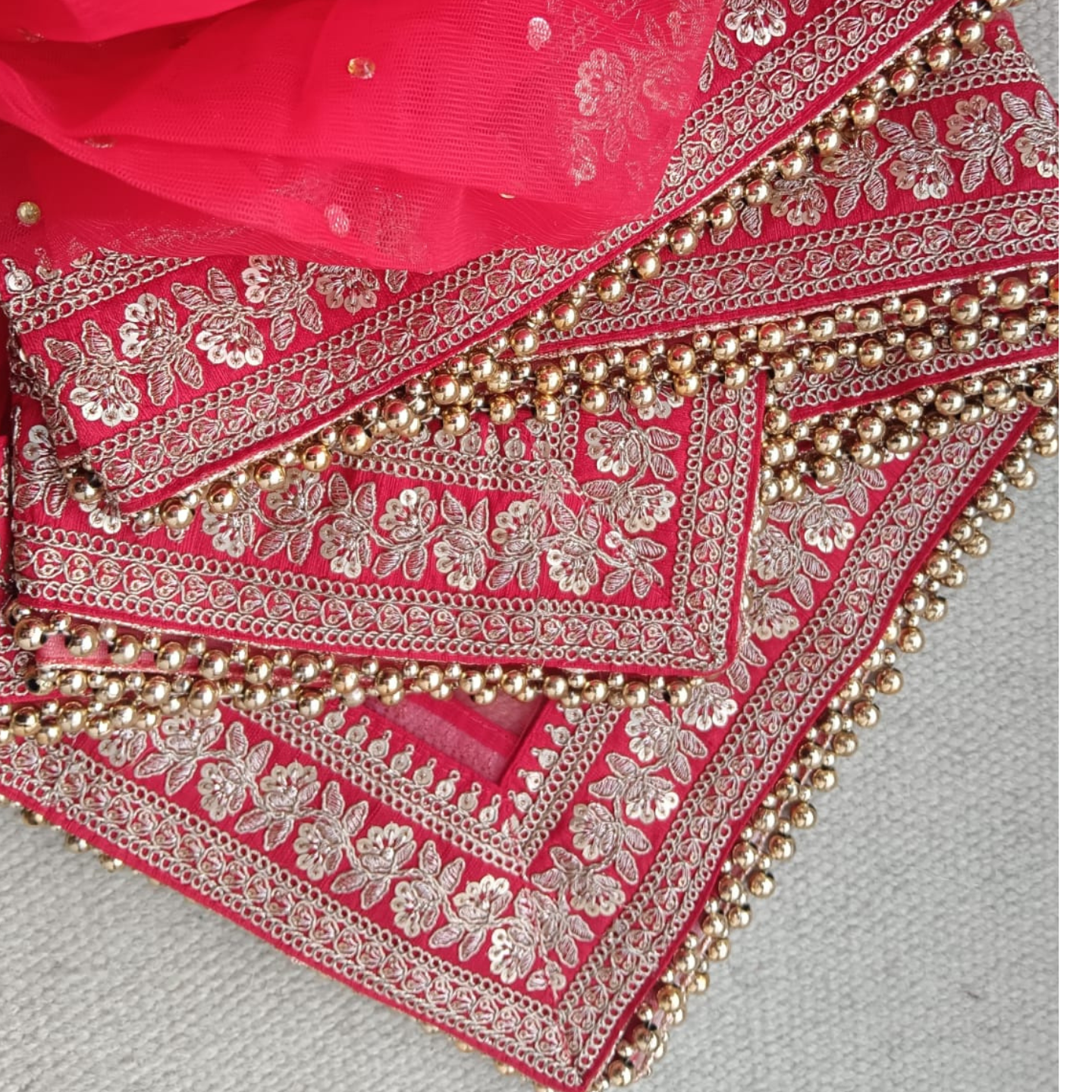 Bridal Red Net Dupatta with Heavy Golden Embroidered Floral Border and Pearl