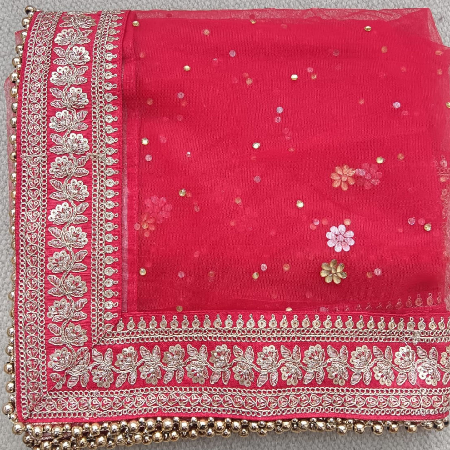 Bridal Red Net Dupatta with Heavy Golden Embroidered Floral Border and Pearl